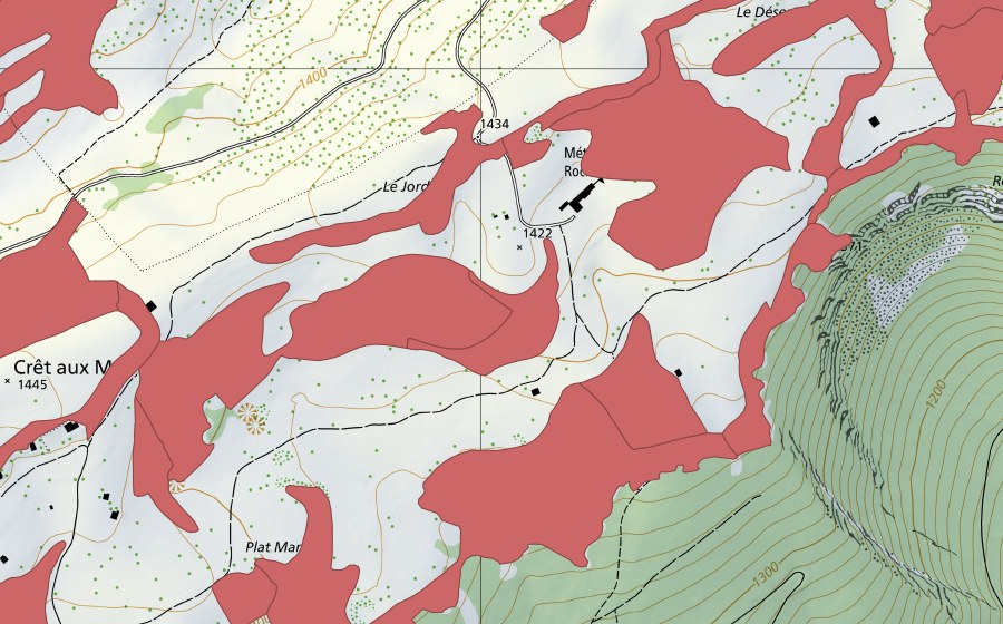 swisstopo national map showing the protected perimeter of Creux du Van (Dry meadow)