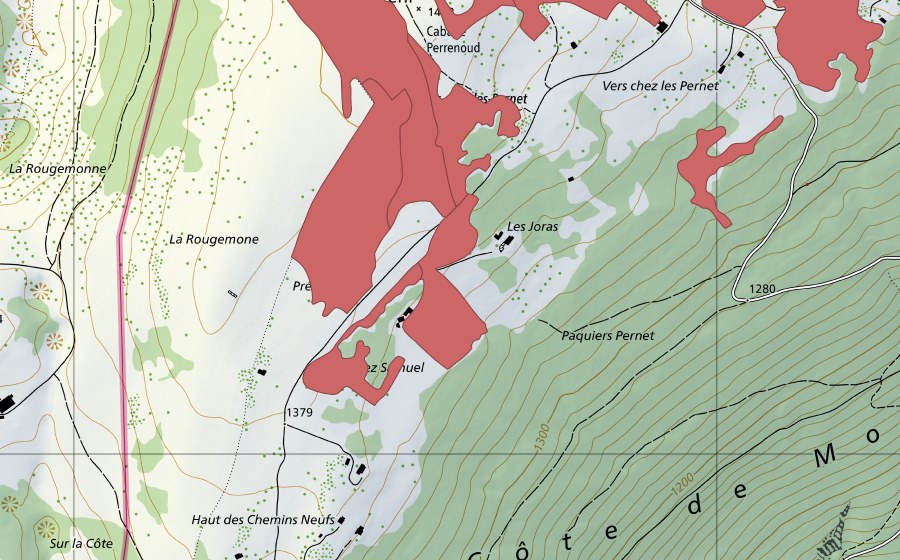 swisstopo national map showing the protected perimeter of Creux du Van (Dry meadow)