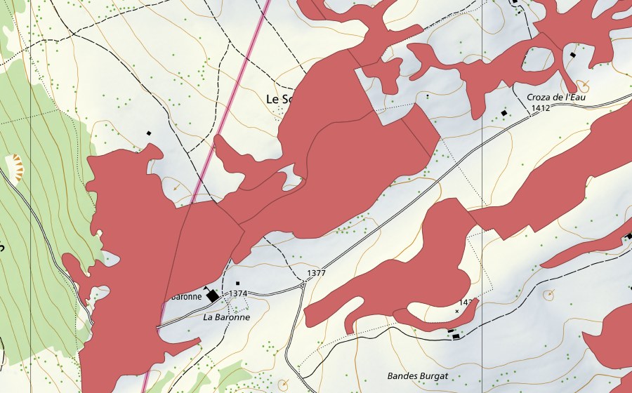 swisstopo national map showing the protected perimeter of Creux du Van (Dry meadow)