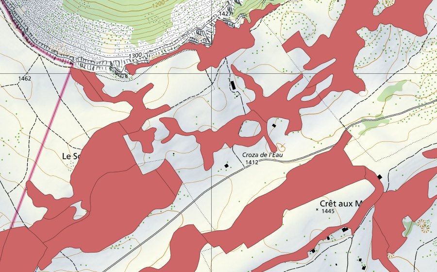 Landeskarte swisstopo mit dem Schutzperimeter von Creux du Van (Trockenwiese)