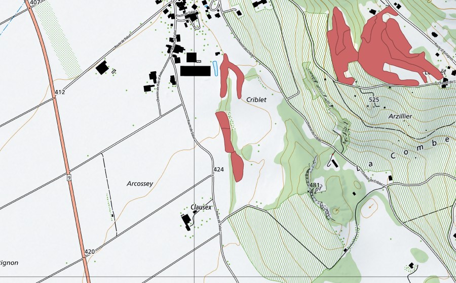 Carte nationale swisstopo avec le périmètre protégé de Criblet (Prairie sèche)