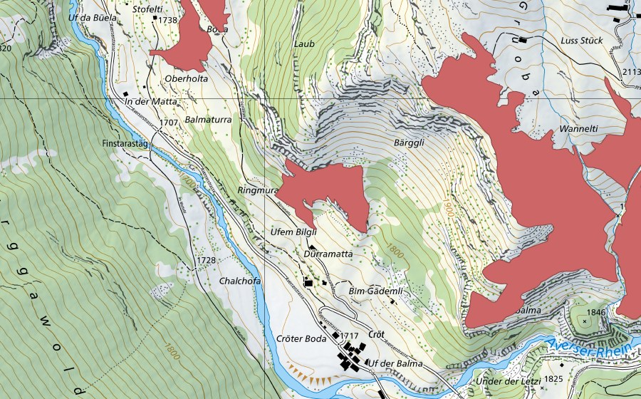 Carte nationale swisstopo avec le périmètre protégé de Cröt (Prairie sèche)