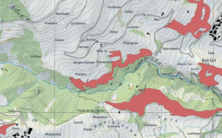 swisstopo national map showing the protected perimeter of Cultiras (Dry meadow)