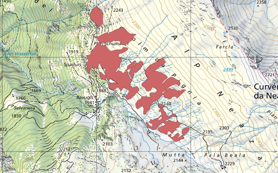 Landeskarte swisstopo mit dem Schutzperimeter von Cuolm da Pignia (Trockenwiese)
