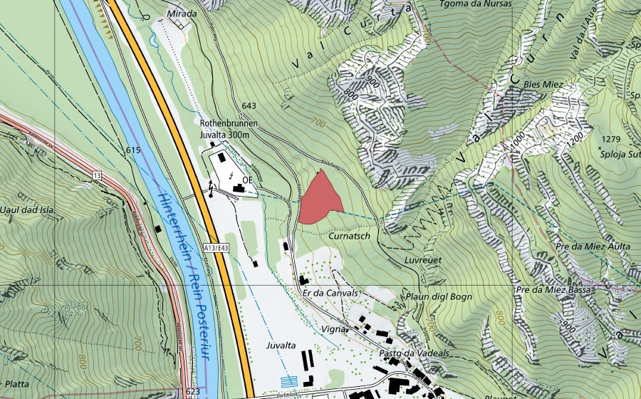 Landeskarte swisstopo mit dem Schutzperimeter von Curnatsch (Trockenwiese)