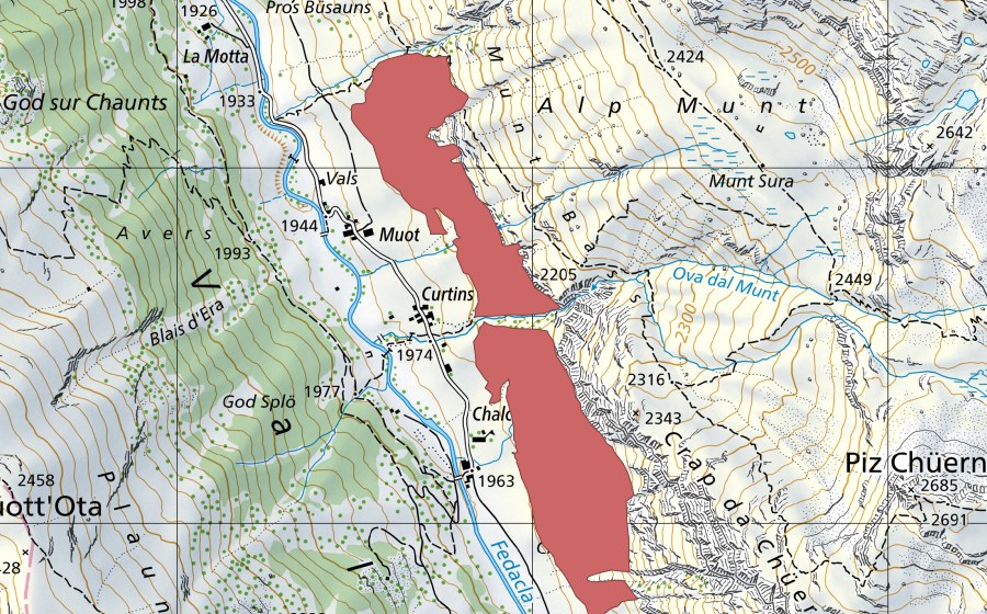 Carte nationale swisstopo avec le périmètre protégé de Curtins (Prairie sèche)