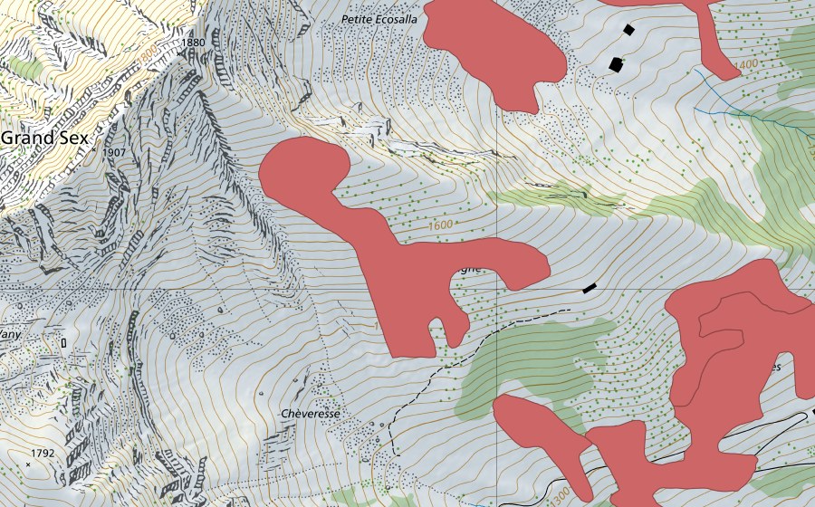 Landeskarte swisstopo mit dem Schutzperimeter von Cuvigné (Trockenwiese)