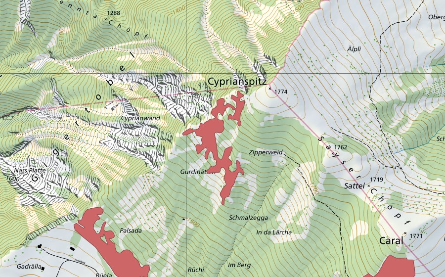 swisstopo national map showing the protected perimeter of Cyprianspitz (Dry meadow)