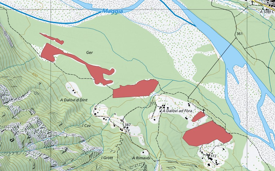 Carte nationale swisstopo avec le périmètre protégé de Da l'Ovi (Prairie sèche)
