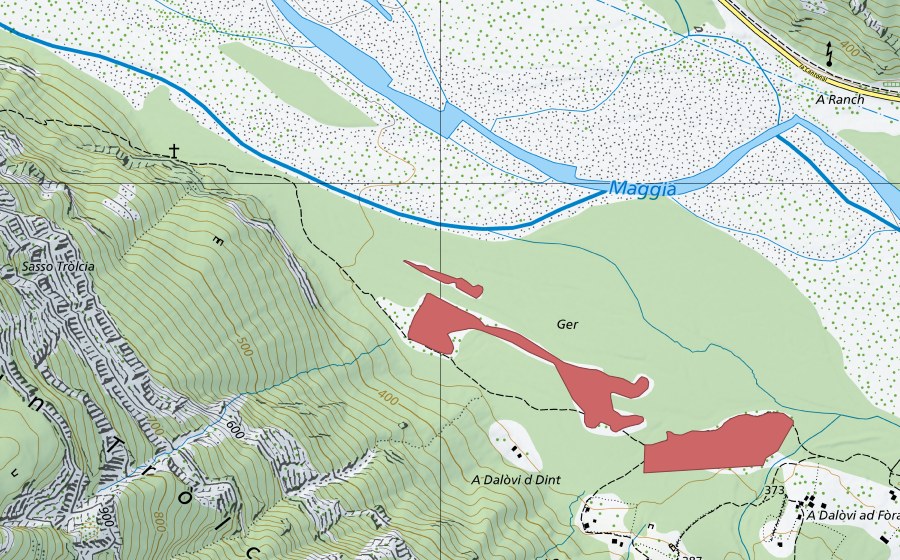 Landeskarte swisstopo mit dem Schutzperimeter von Da l'Ovi (Trockenwiese)