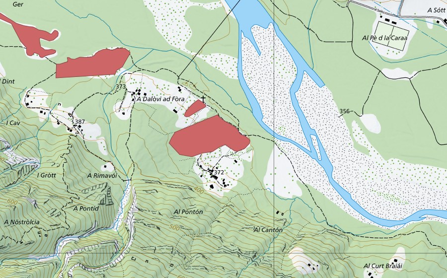 Carte nationale swisstopo avec le périmètre protégé de Da l'Ovi (Prairie sèche)