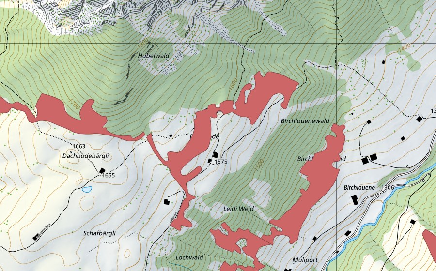 swisstopo national map showing the protected perimeter of Dachbode (Dry meadow)