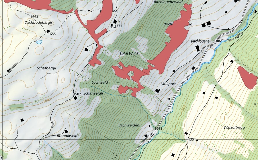 Landeskarte swisstopo mit dem Schutzperimeter von Dachbode (Trockenwiese)