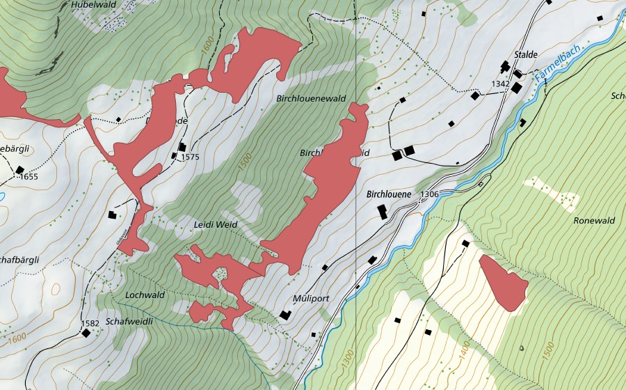 Carte nationale swisstopo avec le périmètre protégé de Dachbode (Prairie sèche)