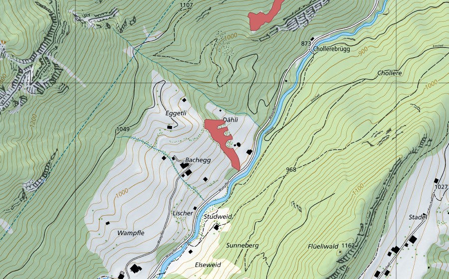 Landeskarte swisstopo mit dem Schutzperimeter von Dähli (Trockenwiese)