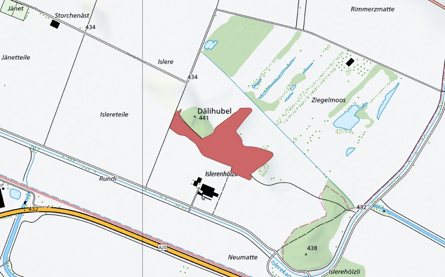 Landeskarte swisstopo mit dem Schutzperimeter von Dälihubel (Trockenwiese)