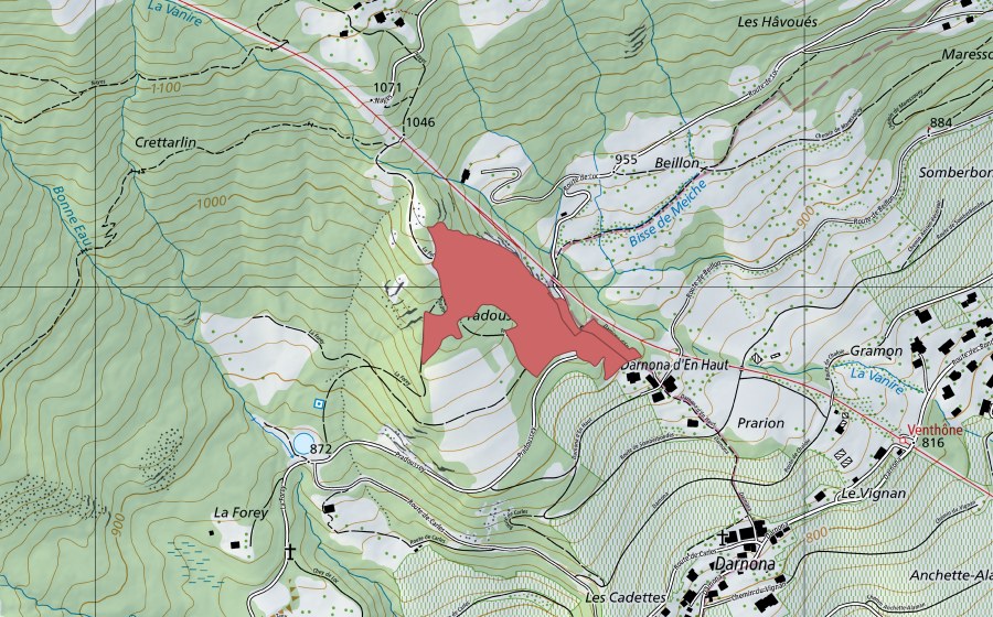 Carte nationale swisstopo avec le périmètre protégé de Darnona d'en Haut (Prairie sèche)