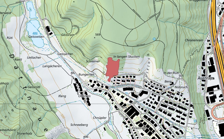 Carte nationale swisstopo avec le périmètre protégé de Dättnau (Prairie sèche)