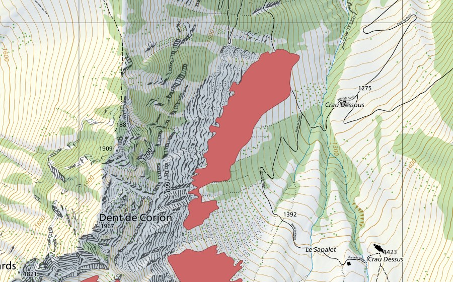 Landeskarte swisstopo mit dem Schutzperimeter von Dent de Corjon (Trockenwiese)