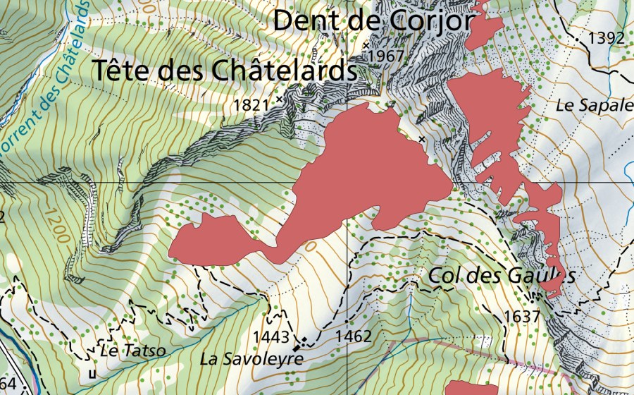swisstopo national map showing the protected perimeter of Dent de Corjon (Dry meadow)