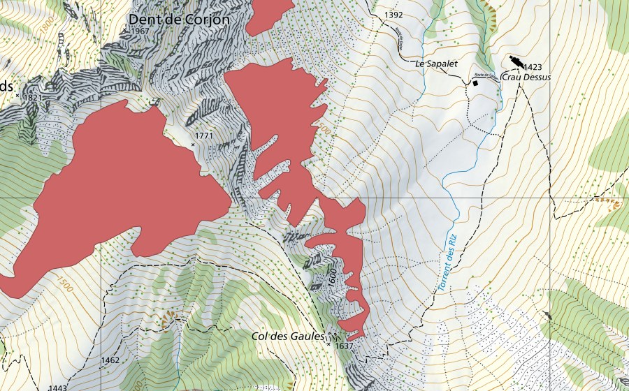 Carte nationale swisstopo avec le périmètre protégé de Dent de Corjon (Prairie sèche)