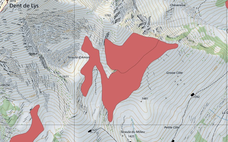 Carte nationale swisstopo avec le périmètre protégé de Dent de Lys (Prairie sèche)