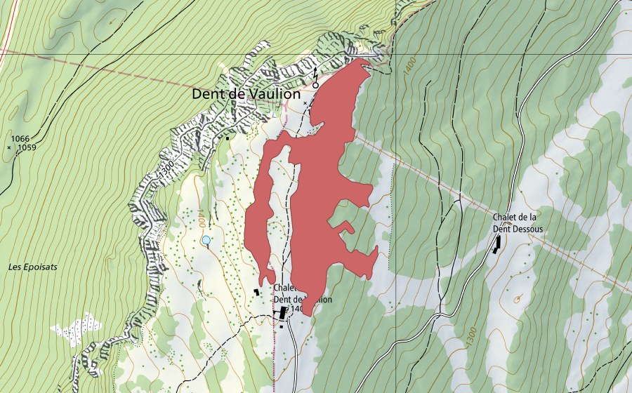 Carte nationale swisstopo avec le périmètre protégé de Dent de Vaulion (Prairie sèche)