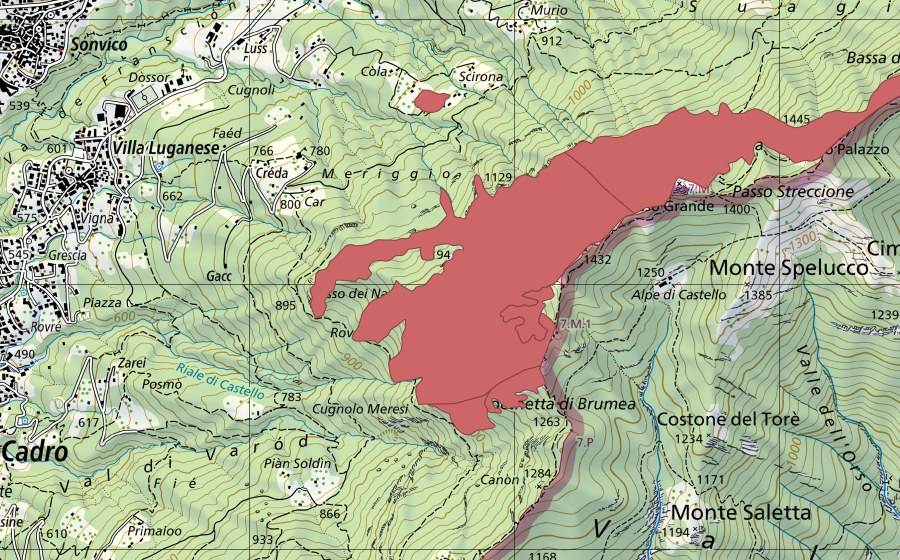 Carte nationale swisstopo avec le périmètre protégé de Denti della Vecchia (Prairie sèche)
