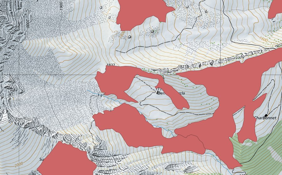 Carte nationale swisstopo avec le périmètre protégé de Derrière Forcle (Prairie sèche)