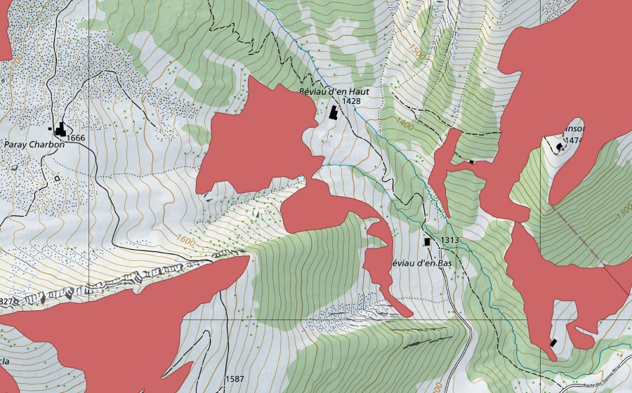 swisstopo national map showing the protected perimeter of Derrière Forcle (Dry meadow)