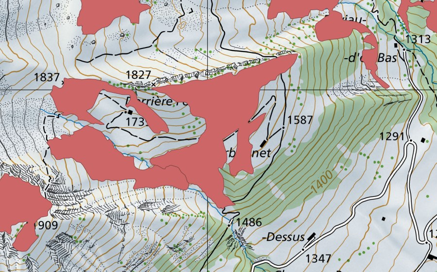 Carta nazionale swisstopo con il perimetro protetto di Derrière Forcle (Prato secco)