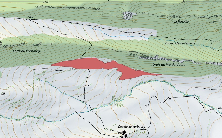 Landeskarte swisstopo mit dem Schutzperimeter von Deuxième Vorbourg (Trockenwiese)