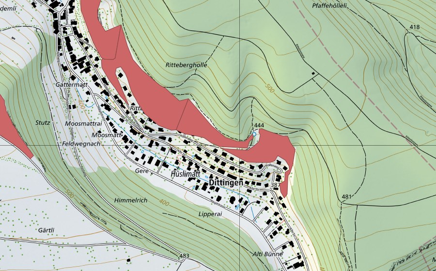 Landeskarte swisstopo mit dem Schutzperimeter von Dittinger Weide (Trockenwiese)
