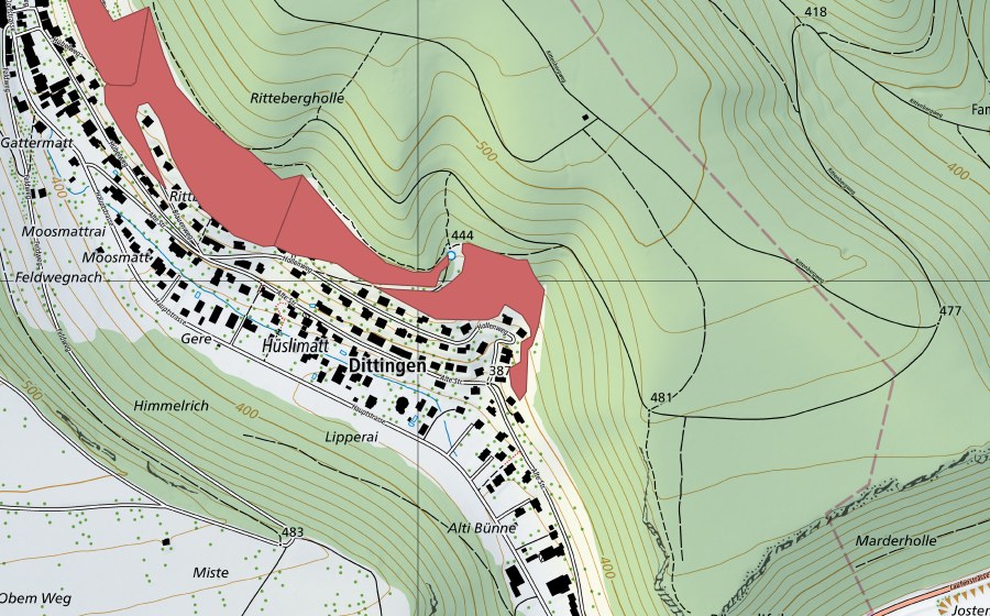 Carte nationale swisstopo avec le périmètre protégé de Dittinger Weide (Prairie sèche)