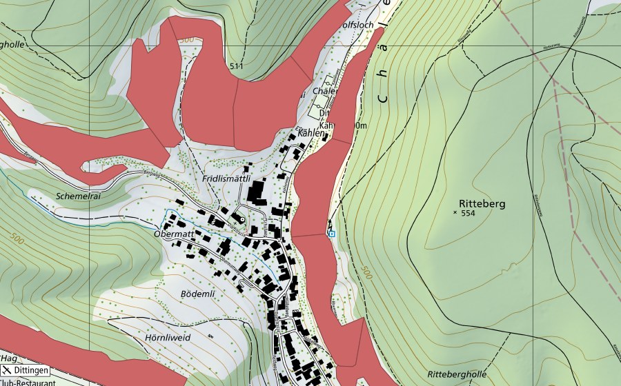 Carte nationale swisstopo avec le périmètre protégé de Dittinger Weide (Prairie sèche)