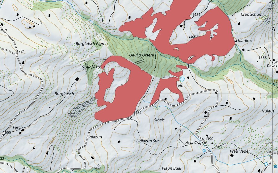 Carte nationale swisstopo avec le périmètre protégé de Divrein (Prairie sèche)