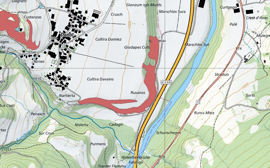 Carte nationale swisstopo avec le périmètre protégé de Donath (Prairie sèche)