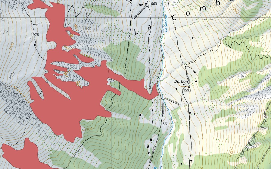 Carte nationale swisstopo avec le périmètre protégé de Dorbon (Prairie sèche)