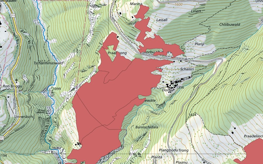 Landeskarte swisstopo mit dem Schutzperimeter von Dorbu (Trockenwiese)