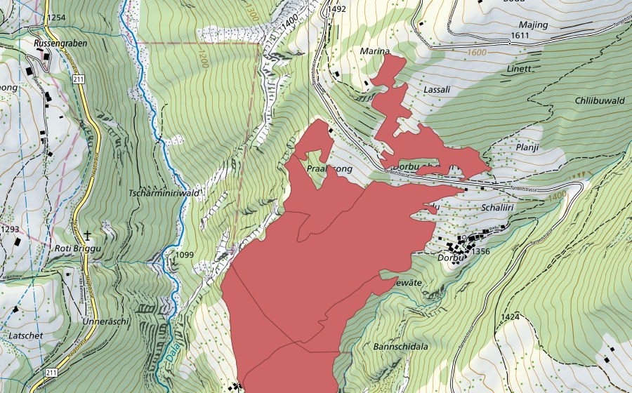 Carte nationale swisstopo avec le périmètre protégé de Dorbu (Prairie sèche)