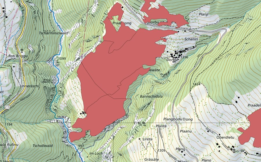 Landeskarte swisstopo mit dem Schutzperimeter von Dorbu (Trockenwiese)
