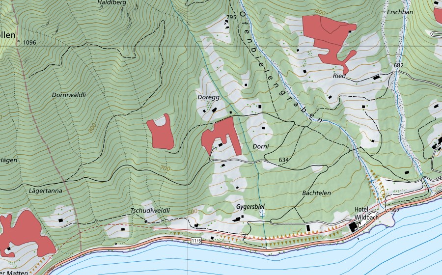 Carte nationale swisstopo avec le périmètre protégé de Doregg (Prairie sèche)