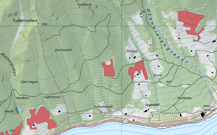 Landeskarte swisstopo mit dem Schutzperimeter von Doregg (Trockenwiese)