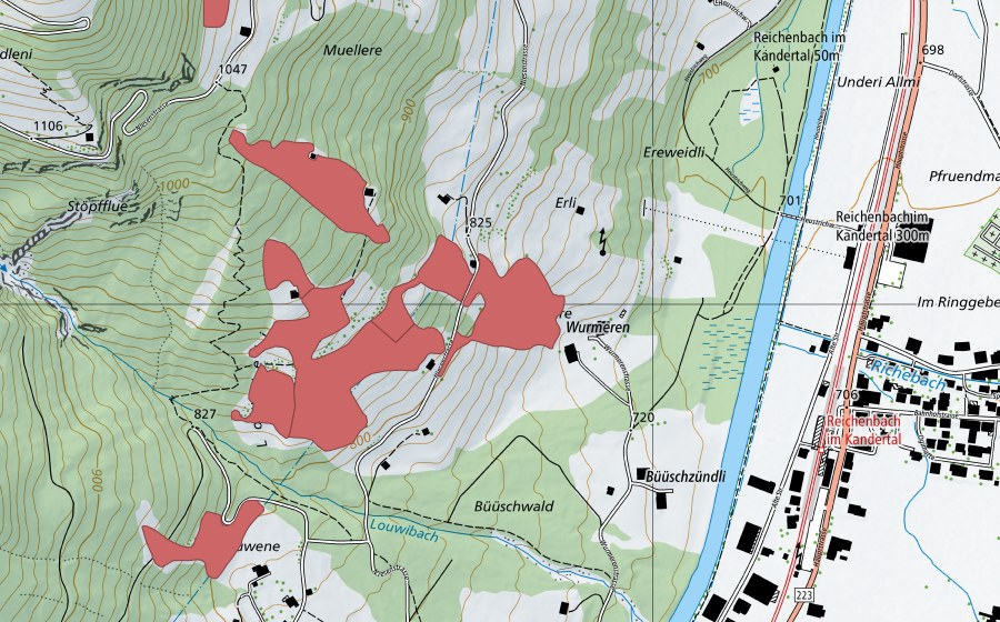 Carte nationale swisstopo avec le périmètre protégé de Dörfli (Prairie sèche)