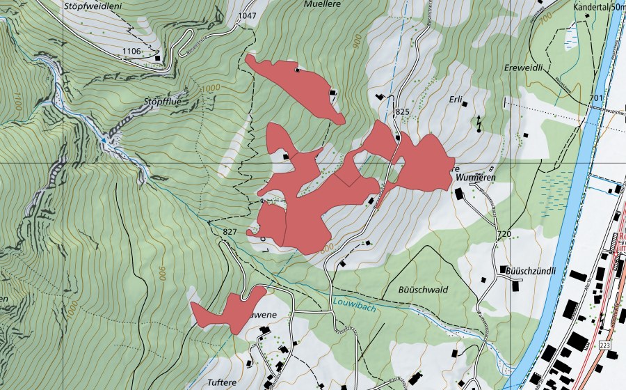 Carte nationale swisstopo avec le périmètre protégé de Dörfli (Prairie sèche)