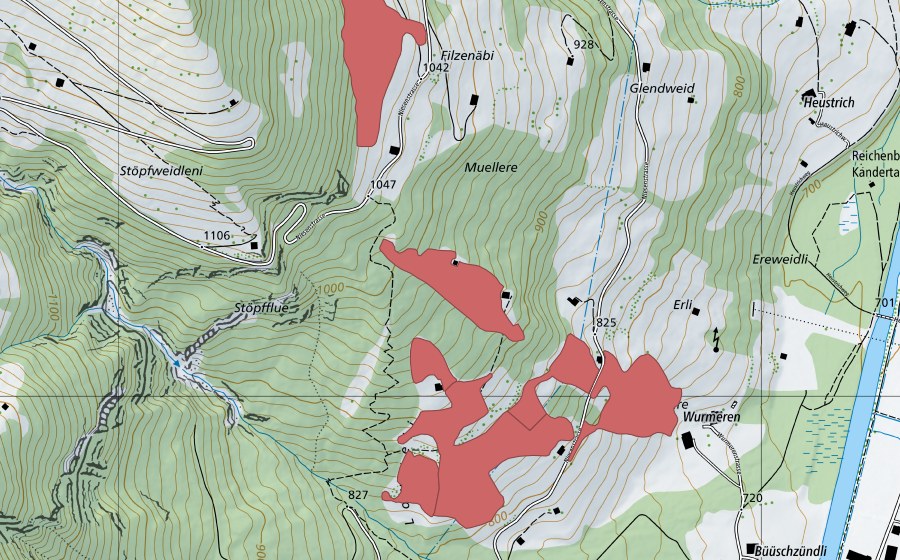 Carte nationale swisstopo avec le périmètre protégé de Dörfli (Prairie sèche)