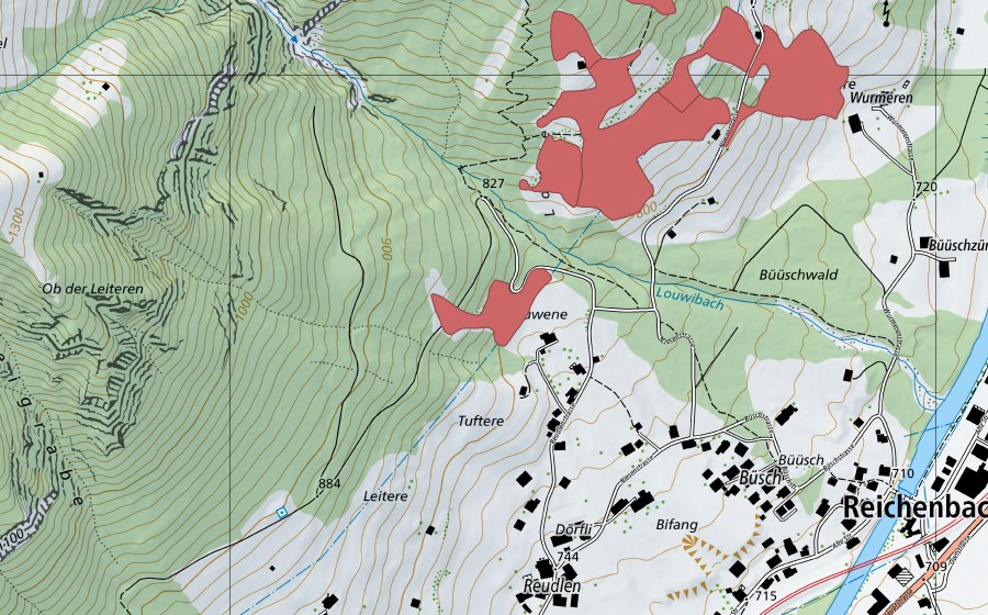 swisstopo national map showing the protected perimeter of Dörfli (Dry meadow)