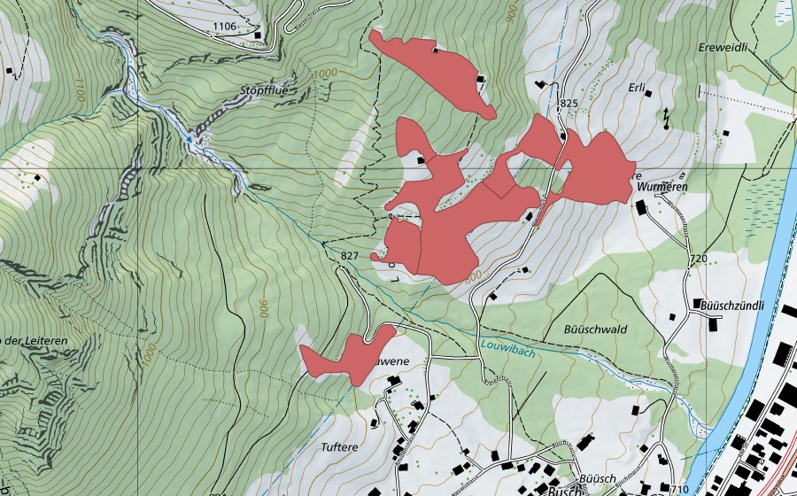 swisstopo national map showing the protected perimeter of Dörfli (Dry meadow)
