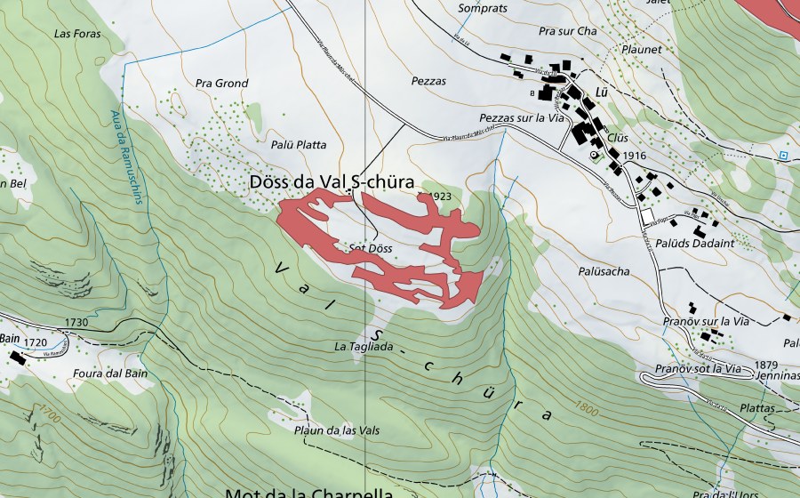 swisstopo national map showing the protected perimeter of Döss (Dry meadow)