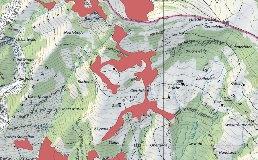 swisstopo national map showing the protected perimeter of Dossen (Dry meadow)